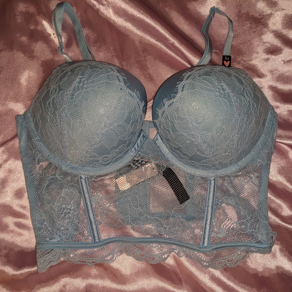 Victoria's Secret Blue Longline Bra with Molded Cups and Lace Detail